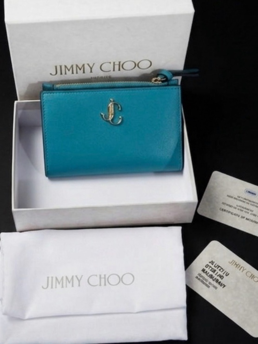 Jimmy Choo Teal Compact Leather Wallet with Gold JC Emblem